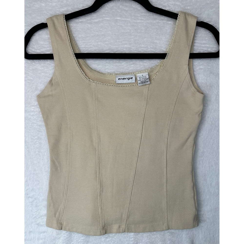 Energie Tank Top Womens Size Medium Beige Lace Trim Corset Seam Details